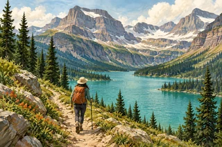 徒步者沿山湖小径走向冰川山谷的插画